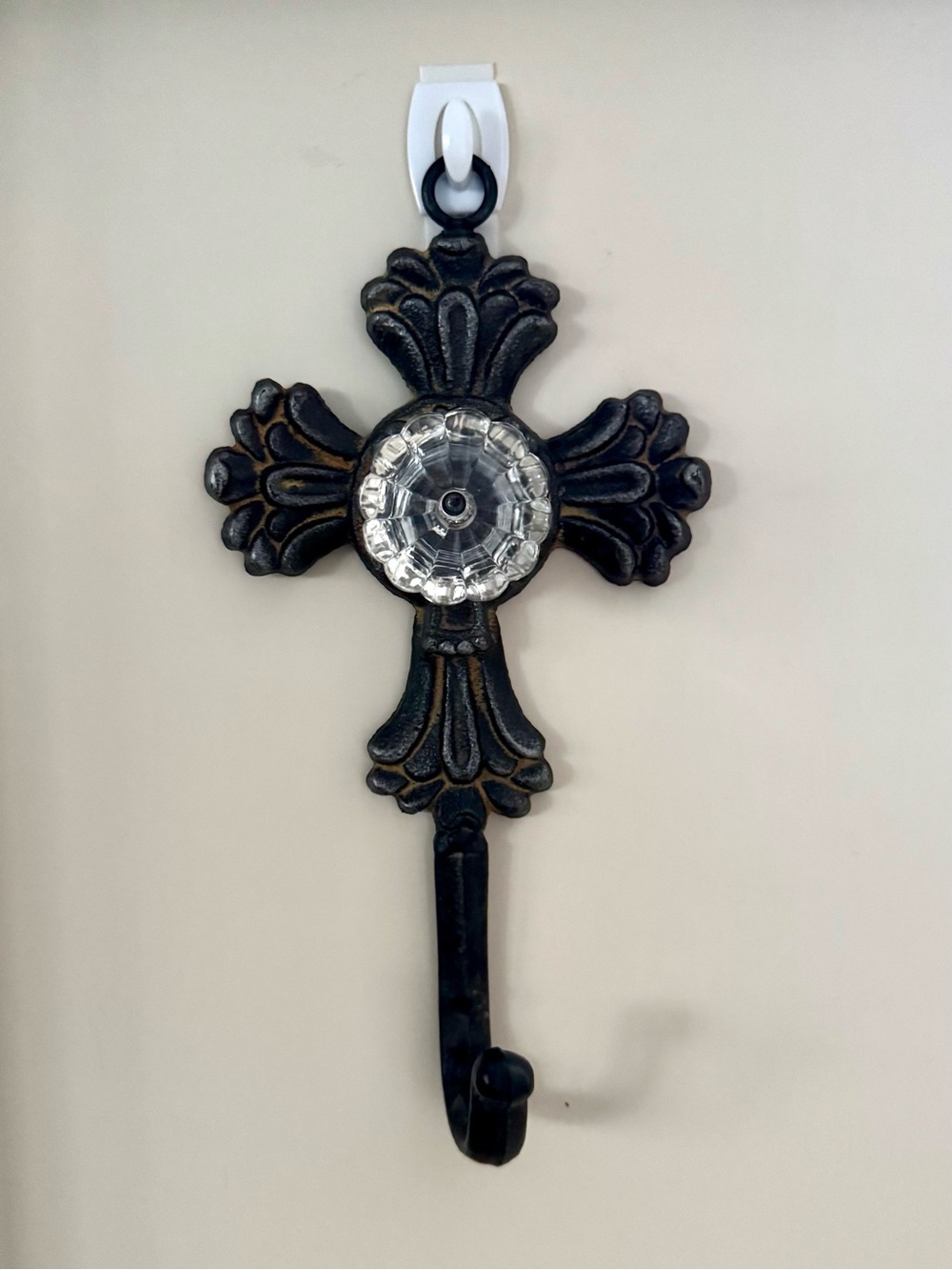 Cast Iron wall hook with clear knob 8” x 4”